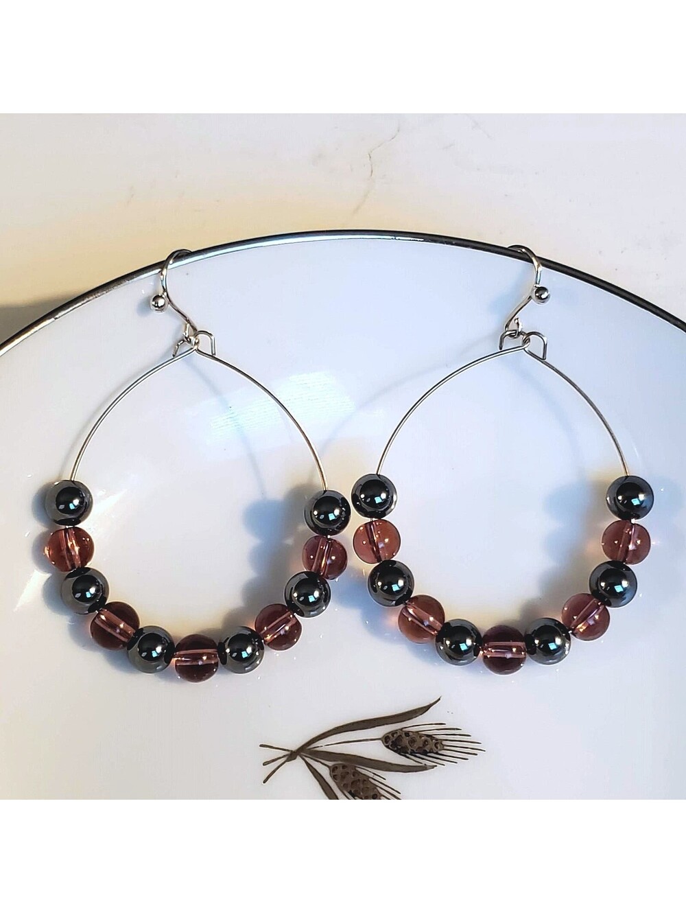Hematite Stone Light Purple Glass Beads Teardrop Hoop Stainless Steel Earrings